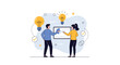 © Habib - Two business colleagues analyzing data on a presentation screen with glowing light bulbs representing new ideas.