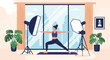 © Naim - Fitness content creation concept with a young woman practicing yoga pose in front of cameras and studio lights.