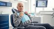 © Iryna - Senior Caucasian man, scared patient in dental chair, clutching bib with worried gaze, dental anxiety and oral healthcare concerns