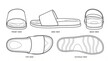 © Millow - Slider Sandal Technical Sketch Vector - Multiple Views including Front, Side, Back, Top and Outsole for Footwear Design and Manufacturing Mockup