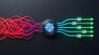 © Elite Studio - Process optimization and simplifying complexity concept with tangled red lines transforming into organized green checkmark arrows through a central target node