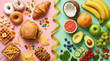 © Pankaj - Healthy vs Unhealthy Food Contrast: A split-screen image showcasing a stark contrast between unhealthy junk food items like donuts, burgers, and fries on one side and healthy options such as fruits.