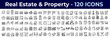 © Aman Creates - Real Estate and Property Icons Set - 120 Icons. House, Apartment, Mortgage, Commercial, Construction, Rental, Neighborhood, Investment, Floor Plan, Valuation. Editable Stroke. Vector Design.