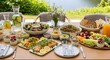 © Joy - Elegant outdoor dining table laden with a variety of healthy and fresh dishes, surrounded by nature and water.