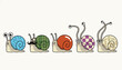 © William - Row of five quirky cartoon snails with uniquely patterned shells and funny facial expressions crawl along a light background.