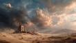 © Женя Окорський - Ancient ruins stand weathered and solitary against a dramatic, cloud-filled desert sky, evoking a sense of history and desolation