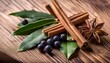 © Shannon - laurel leaves cinnamon sticks and juniper berries on wood