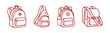 © _kholod - minimalist line art vector illustration collection featuring four types of student backpacks. Includes classic school bags, a trendy one-shoulder sling backpack, a schoolbag with a water bottle pocket
