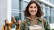 © inspiretta - Young woman smiles, carrying books outdoors.