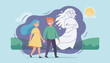 © Esha - Happy couple walks together while a ghostly figure of an angry woman looms behind them in a dark cloud of jealousy and past.