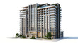 © Imam - Modern high-rise building with numerous balconies and sleek architectural design against a white background, featuring contemporary urban living.