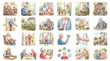 © Fatimah - Senior lifestyle and retirement icons vector set with elderly people, healthcare, reading, hobbies and daily living activities in hand drawn style