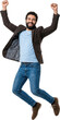 © Benjamin - A joyful bearded man wearing a brown blazer and blue jeans leaps into the air with arms raised high while smiling broadly expressing extreme excitement and personal success in full motion