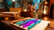 © วรรณภา มะโนศรี - Colorful pens arranged on a notepad beside vintage books and lamp in a cozy study setting, perfect for creative writing and inspiration scenes