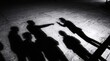 © MF - Dramatic shadows on concrete ground of a group of people with one pointing an accusing finger at another, representing bullying, blame, and social conflict
