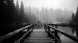 © Luz - A romantic couple stands holding hands on a wooden dock overlooking a serene, foggy lake surrounded by pine trees in this atmospheric black and white landscape.