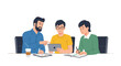 © Ahmad - Three colleagues or students are seen collaborating at a table, using a tablet, notebook, and charts to discuss ideas during a productive group session.