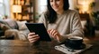© deka - A woman smiles while browsing on her tablet with a cup of coffee on a wooden table at home, cozy living room in the background