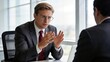 © Avery - Professional businessman in suit and glasses having serious discussion during office meeting, explaining strategy to colleague across the table.