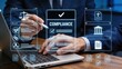 © Benjamin - Compliance management and regulatory adherence dashboard, legal checklist with scales of justice icon, banking and finance regulations, businessman working on laptop with floating