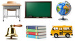 © wikanda - School Supplies Montage: A collection of classic school items, including a desk, blackboard, globe, bell, books, and a school bus, symbolizing education and learning.