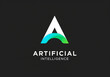 © YourStock - Artificial intelligence logo with white triangle and green blue arc on black background