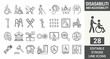 © Kingko - Disability and accessibility line icon set featuring inclusion, mobility, handicap, wheelchair, assistive, diversity, medical. Professional editable vector illustration for inclusive web and UI UX des