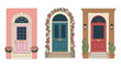 © Panna - Elegant entrance doors decorated with floral arches, potted roses, and desert cacti in a stylish home exterior illustration.