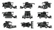 © Rama - agriculture combine harvester icon set for farm machinery equipment featuring different views of grain harvesting vehicles