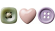 © Nuria - Three sewing buttons square green with cross stitch pink heart, round purple