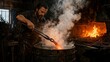 © lebron james - anvil. Blacksmith quenching red-hot metal in a water barrel, steam billowing. safety posters, maintenance manuals, designed for industrial assembly lines and welding operations, used by engineers.