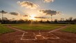 © mihrzn - A serene view of a baseball field during sunrise, with vibrant clouds and soft focus background.