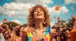 © Sajal.savar - Joyful summer vacation woman celebrating with confetti outdoors friends and blue sky