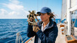 © Len_mik - Woman navigator using a brass sextant on a sailboat deck. Female sailor navigating on the ocean