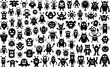 ©  Victory Pixel - A large set of diverse black silhouette monster and alien doodles showing funny emotions against a bright white backdrop.