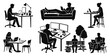 © Uttham - Person Relaxing on Sofa with Reading Tablet While Remote Worker Uses Multiple Computer Monitors at Desk Vector Icon Set