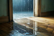 © Sohel - Rainwater streaming through an open doorway onto a wet wooden floor inside a home image photo