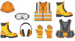 © Faisal - A set of construction safety gear including a hard hat goggles vest boots earmuffs gloves and a tool belt harness