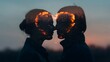 © Tanakrit - Two people face each other closely with a glowing heart shape formed by fire overlay, symbolizing love and connection at sunset.
