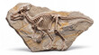 © Paulo - Dracorex hogwartsia fossil embedded in rock, realistic paleontological specimen showing preserved dinosaur bones within stone matrix on a clean white background with scientific detail.