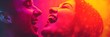 © Tanakrit - Two people laughing joyfully, faces close, illuminated by vibrant red and orange lighting with water droplets creating a lively and energetic atmosphere.