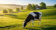 © Shorui - Peaceful Rural Landscape with a Holstein Cow Grazing in Lush Green Pasture during Golden Sunrise