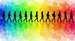 © Raisa - Diverse group of people walk in single file against a bright rainbow watercolor background. Figures cast shadows on reflective surface below. They move forward together across spectrum colors.