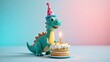 © Trushchenko_O - Cartoon dinosaur character wearing a party hat stands beside a birthday cake with a lit candle, colorful sprinkles on top, against a pastel gradient background