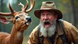 © Trushchenko_O - Bearded man in a brown hat and jacket poses excitedly next to a deer with antlers in a forest setting, showcasing a close bond with wildlife