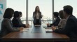 © Raisa - Team discusses strategy in modern office meeting room. Woman leads discussion at table. Colleagues listen intently, taking notes. Cityscape visible through large window.