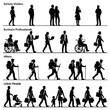 © Jajat - Set of silhouettes showing diverse people walking and standing including business professionals, active hikers, and urban lifestyle scenes on white