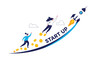 © Power Clipart - Two business people are flying alongside a rocket towards a start up goal with gold coins following behind them.