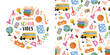 © Hanna Bykova - Back to school design with educational supplies and seamless pattern. Colorful school illustration with books, bus, globe and stationery. Flat vector illustration isolated.