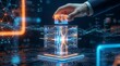 © Ridwan_DigitalGrid - Hand placing glowing data cube on futuristic glass block with business charts representing pricing value strategy and profit on electronic circuit board